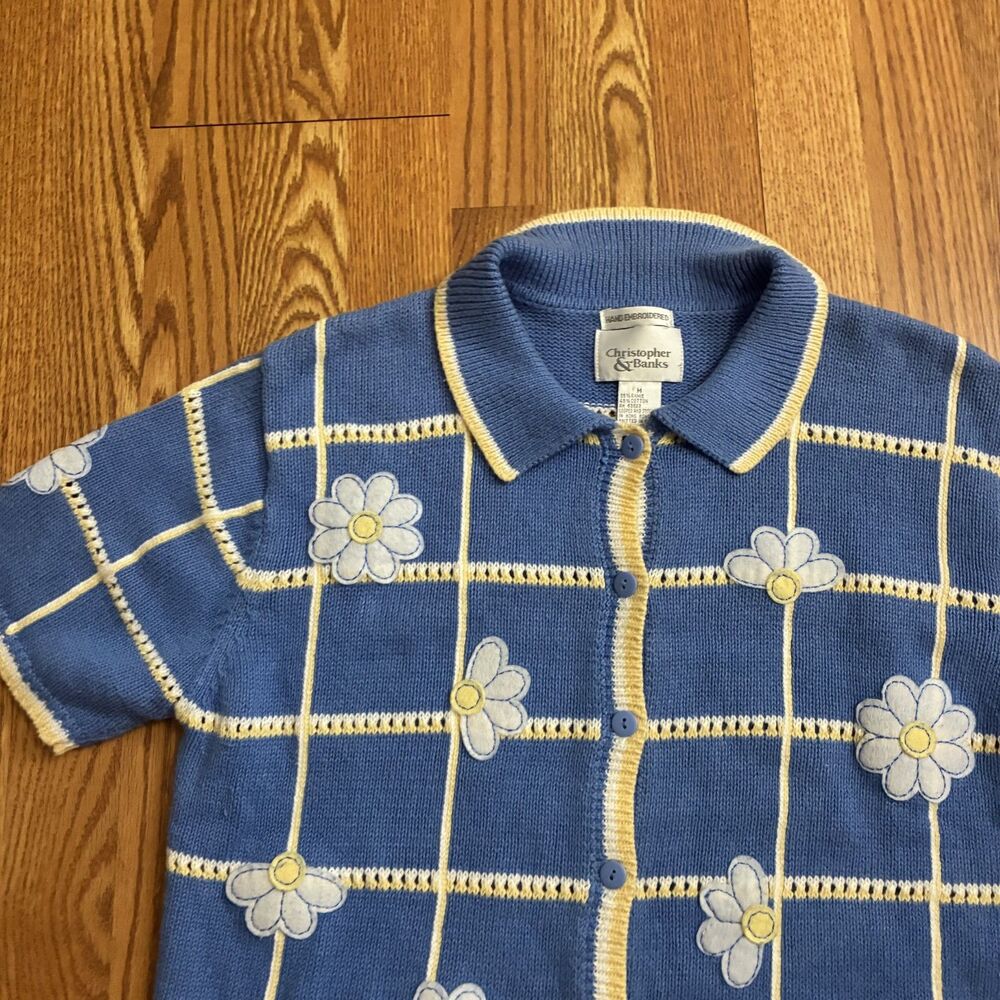 Vintage Blue Yellow Floral Daisy Knit Sweater Hand Embroidered M Button Down Top - Picture 5 of 7